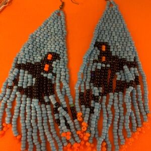 Handcrafted Blue and Black Beaded Bird Earrings